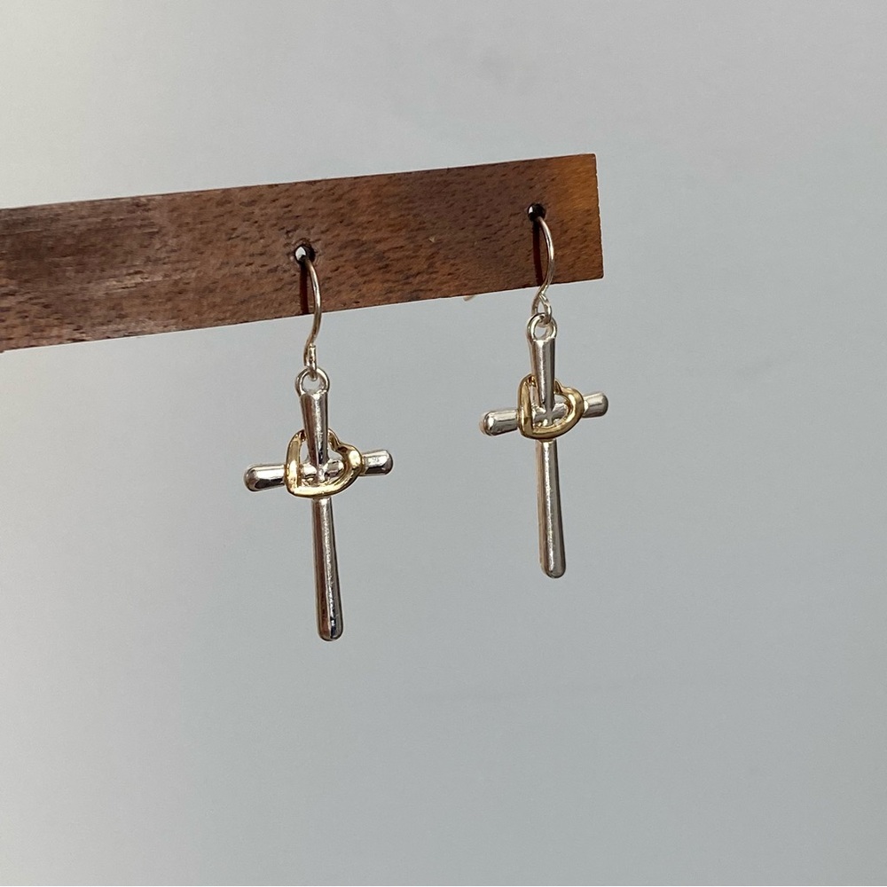 4/$15 Silver Cross Gold Heart Drop Earrings - Picture 3 of 5